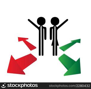 couple with the choice to right or left direction, green or the wrong one red. couple with the choice to right or left direction