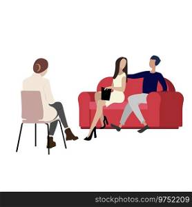 Couple woman and man visiting psychologist cabinet. Consultation psychological specialist, avoid divorce, find out decision. Vector illustration. Couple woman and man visiting psychologist cabinet