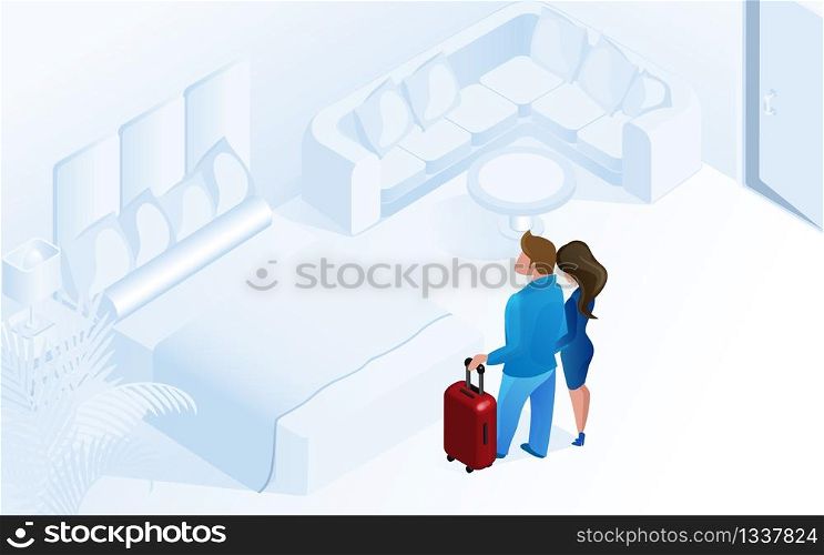 Couple Woman Man Arriving Together with Luggage in Cozy Modern Hotel Room Vector Isometric Illustration. Luxury Comfortable Apartment with Bed Holiday Vacation Trip Travel Honeymoon. Couple Woman Man Arriving with Luggage in Room