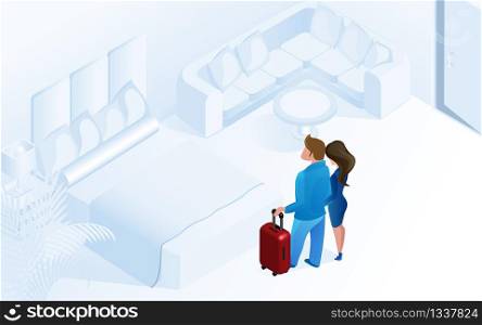 Couple Woman Man Arriving Together with Luggage in Cozy Modern Hotel Room Vector Isometric Illustration. Luxury Comfortable Apartment with Bed Holiday Vacation Trip Travel Honeymoon. Couple Woman Man Arriving with Luggage in Room