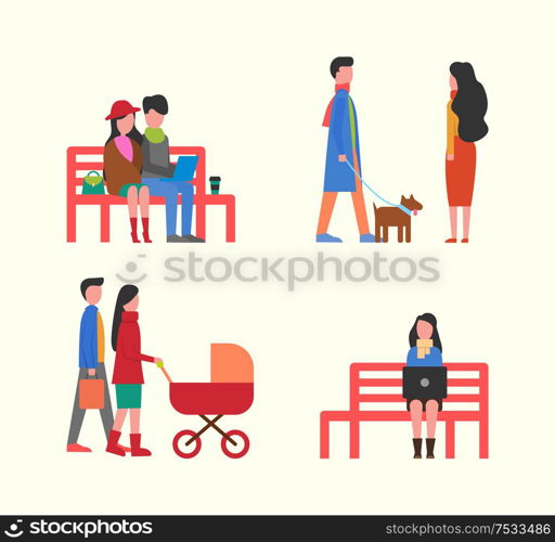 Couple working on laptop on bench, family walking together with pram vector. Newborn kid in perambulator, dog on leash with owners. Freelance worker. Couple Working on Laptop on Bench, Family Walking