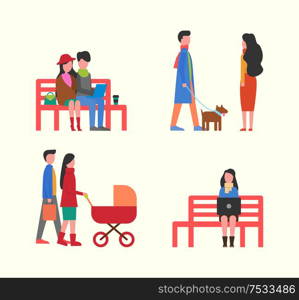 Couple working on laptop on bench, family walking together with pram vector. Newborn kid in perambulator, dog on leash with owners. Freelance worker. Couple Working on Laptop on Bench, Family Walking