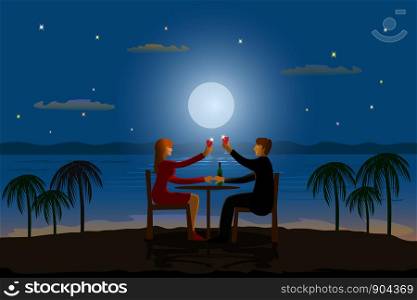 Couples are sipping wine on a wooden table on hilltop with the sea and the moon as the background