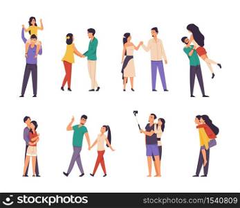 Couples characters. Cartoon boy and girl on date, holding hands walking and spending time together. Vector set illustrations romantic scenes with love happiness couples. Couples characters. Cartoon boy and girl on date, holding hands walking and spending time together. Vector romantic scenes with couples