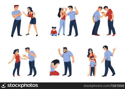 Couples conflict. Cartoon angry men and women characters during conflict, fighting and shouting. Vector set illustrations of hard conversation scenes in family or business. Couples conflict. Cartoon angry men and women characters during conflict, fighting and shouting. Vector set of hard conversation scenes
