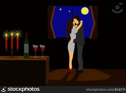 Couples dancing in a candlelit room and a glass of wine on a table. There is a window with a moon in the background.