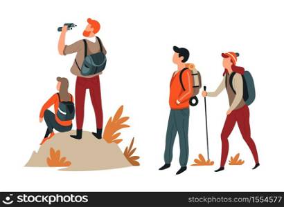 Couples hiking man and woman active lifestyle vector walking or trekking binocular and backpack stick mountains or hills camping or backpacking boyfriend girlfriend outdoor activity direction traveling.. Hiking and trekking hikers couples backpacks and binoculars or stick