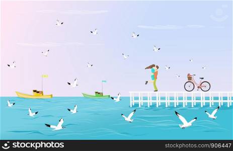 Couples hugged on a white bridge that extends into the sea. Have a bike beside With seagulls and Fishing boat as background