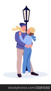 Couples hugging under lantern semi flat color vector characters. Embracing figures. Full body people on white. Winter date simple cartoon style illustration for web graphic design and animation. Couples hugging under lantern semi flat color vector characters