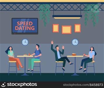 Couples in cafe on speed dating program. Cartoon strangers chatting, clock with timer flat vector illustration. Speed dating, romance concept for banner, website design or landing web page