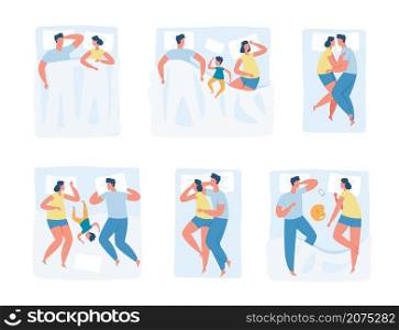 Couples in different sleep positions, family sleeping in bed together. Child sleeping with parents, young couple hugging in sleep vector set. Husband and wife lying in bed with kid or cat. Couples in different sleep positions, family sleeping in bed together. Child sleeping with parents, young couple hugging in sleep vector set