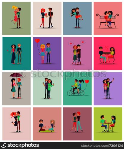 Couples in love, collection of posters, people sitting on bench, drinking wine and eating ice-cream, riding bicycle together vector illustration. Couples in Love Collection Vector Illustration