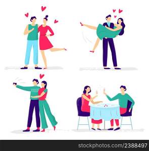 Couples in love, dinner and datting, happy people. Happiness celebrate and relationship romantic love dinner, vector illustraton. Couples in love, dinner and dating, happy people