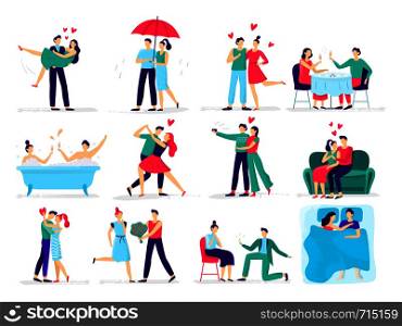 Couples in love. Love couple on date, lover makes proposal to sweetheart in restaurant. Hugs and kisses, boyfriend and girlfriend romantic valentine day celebrating. Vector illustration icons set. Couples in love. Love couple on date, lover makes proposal to sweetheart in restaurant. Hugs and kisses vector illustration set