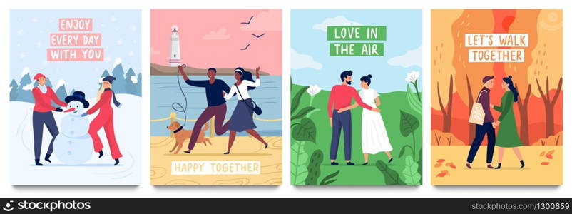 Couples in love poster. Vector illustration set. Couple love girl and boy, romantic card relationship, female and male passion collection banner. Couples in love poster. Vector illustration set