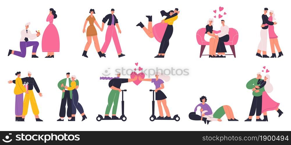Couples in love, romantic date, marriage proposal scenes. Happy man and woman dating, hugging and walking vector flat illustration set. Romantic couples. Date and love couple, romantic man and woman. Couples in love, romantic date, marriage proposal scenes. Happy man and woman dating, hugging and walking vector flat illustration set. Romantic couples