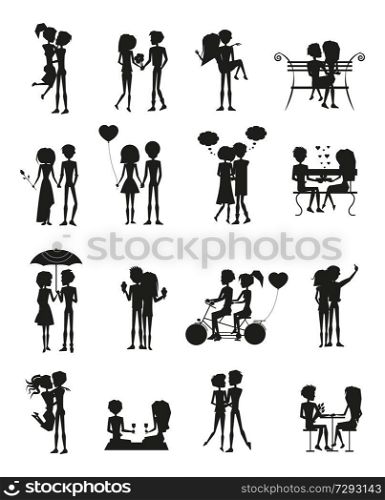 Couples in love, silhouettes set, people sitting on bench, umbrella and bicycle, celebration of Valentines day, isolated on vector illustration. Couples in Love Silhouette Set Vector Illustration
