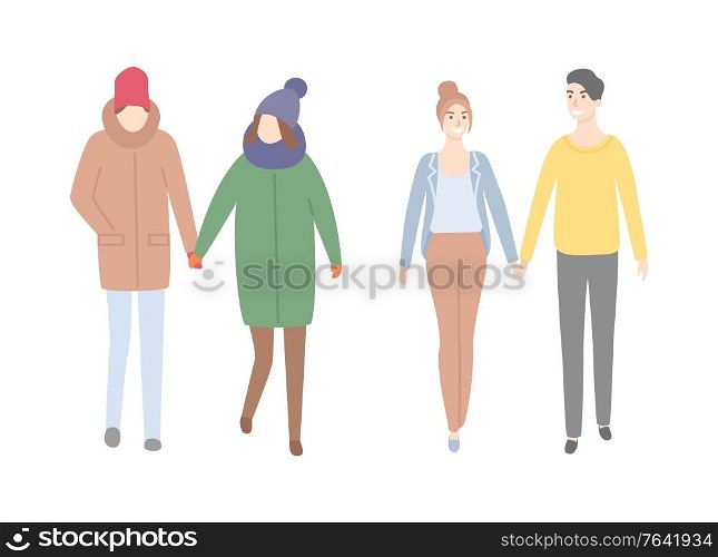 Couples in winter and spring cloth walking holding hands. Vector man and woman dating, dressed in coats and hats, trousers and sweaters isolated people. Couples in Winter and Spring Cloth Walk, Isolated