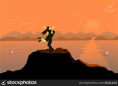 Couples jumping hug at the top of the mountain. The sea and the sunset background.
