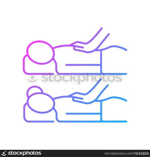 Couples massage gradient linear vector icon. Increase bonding in relationship. Side-by-side massage tables. Thin line color symbol. Modern style pictogram. Vector isolated outline drawing. Couples massage gradient linear vector icon