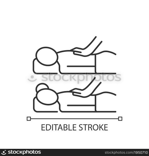 Couples massage linear icon. Increase bonding in relationship. Side-by-side massage tables. Thin line customizable illustration. Contour symbol. Vector isolated outline drawing. Editable stroke. Couples massage linear icon