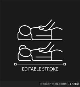 Couples massage white linear icon for dark theme. Enjoying time together. Lowering stress. Thin line customizable illustration. Isolated vector contour symbol for night mode. Editable stroke. Couples massage white linear icon for dark theme