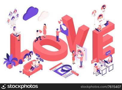 Couples meeting online falling in love isometric title header composition with searching partner virtual dating relationship vector illustration