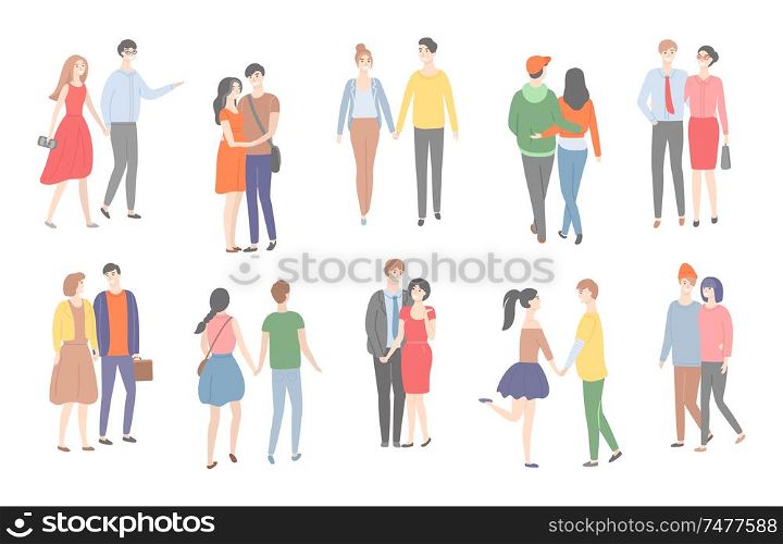 Couples of men and women in love walking together vector. People having good time, hugging and cuddling, strolling females and males holding hands. Couples of Men and Women in Love Walking Together