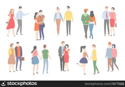 Couples of men and women in love walking together vector. People having good time, hugging and cuddling, strolling females and males holding hands. Couples of Men and Women in Love Walking Together
