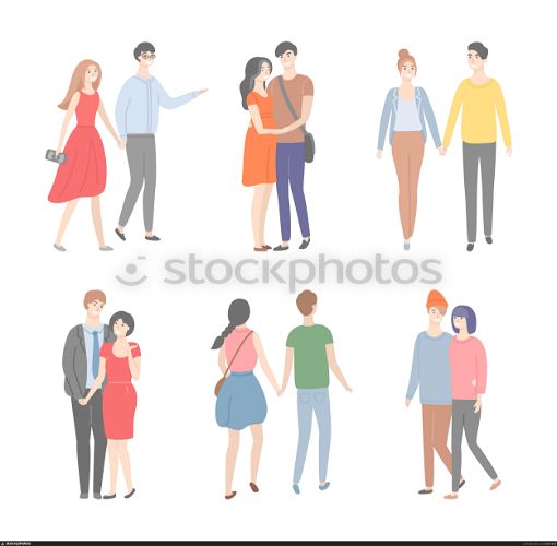 Couples on date vector, isolated set of characters in flat style. Man and woman holding hands walking and talking. Front and back view of boyfriends and girlfriends on weekends. Romantic pairs. People Walking in Couples, Romantic Dates Set