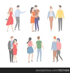 Couples on date vector, isolated set of characters in flat style. Man and woman holding hands walking and talking. Front and back view of boyfriends and girlfriends on weekends. Romantic pairs. People Walking in Couples, Romantic Dates Set