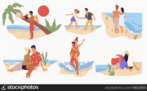 Couples resting by seaside in summer. People drinking wine sitting by sea or ocean, boyfriend and girlfriend walking along shore. Tropics and landscapes, summertime seascapes vector in flat style. Summer vacations or weekends by seaside beach