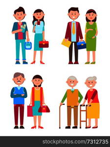 Couples set of different ages, young people and families, parents and pregnant woman, grandparents and human, vector illustration isolated on white. Couples Set of Different Ages Vector Illustration