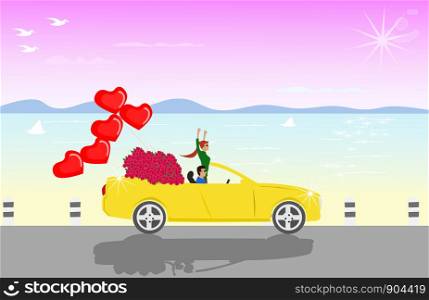 Couples sit on a yellow convertible with red roses and red heart shaped balloons. With sea as background