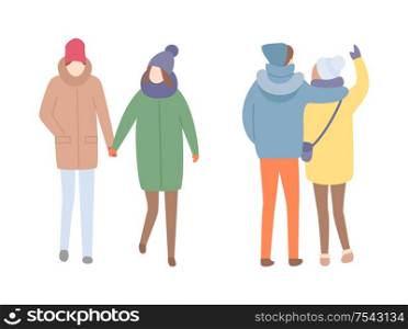 Couples spending time outdoors walking together vector. People cuddling embracing, wearing warm clothes, winter season cold days. Pair hold hands. Couples Spending Time Outdoors Walking Together
