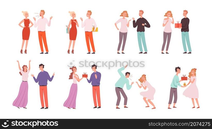 Couples swear. Family quarrels and reconciliation, conflicts and romantic time. Adults give presents vector characters. Illustration disagreement and unhappy, present gift. Couples swear. Family quarrels and reconciliation, conflicts and romantic time. Adults give presents vector characters