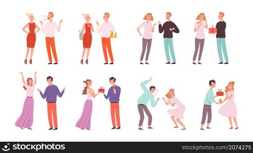 Couples swear. Family quarrels and reconciliation, conflicts and romantic time. Adults give presents vector characters. Illustration disagreement and unhappy, present gift. Couples swear. Family quarrels and reconciliation, conflicts and romantic time. Adults give presents vector characters