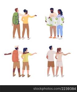 Couples traveling together semi flat color vector characters set. Exciting dates. Full body people on white. Travel destinations simple cartoon style illustration for web graphic design and animation. Couples traveling together semi flat color vector characters set