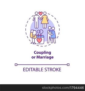 Coupling or marriage concept icon. Intimate relationship building. Wedding ceremony. Family founding abstract idea thin line illustration. Vector isolated outline color drawing. Editable stroke. Coupling or marriage concept icon