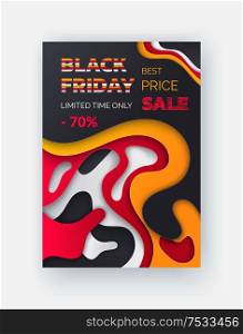 Coupon on Black Friday clearance, big sale up to 70 percent off, buy now. Vector discount certificate template, blurred lines of red, orange and white. Coupon on Black Friday Clearance, Big Sale Up 70