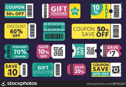 Coupon template. Discount banner with barcode, shopping voucher, discount card, discount code, offer certificate. Vector e-commerce mockup of discount and coupon, special label promo illustration. Coupon template. Discount banner with barcode, shopping voucher, discount card, discount code, offer certificate. Vector e-commerce mockup
