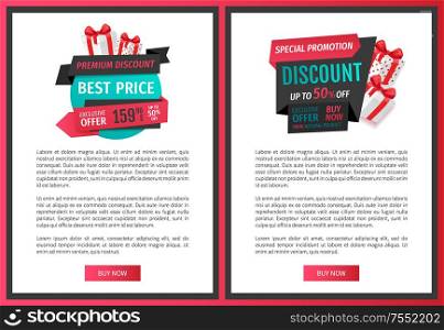 Coupons on sale templates, price reduction offers with discounts and gift boxes. Premium quality goods, best fixed price on products vector web site pages. Coupons on Sale Templates, Price Reduction Offers