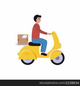 Courier a man on a motorcycle carries a parcel to a customer. Express delivery of mail, orders, and cargo. Vector flat character.