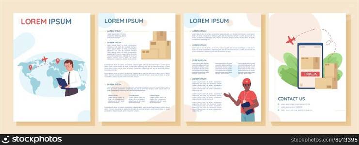 Courier and postal services flat vector brochure template. Tracking parcels with app booklet, leaflet printable color designs. Editable magazine page, reports kit with text space. Quicksand font used. Courier and postal services flat vector brochure template