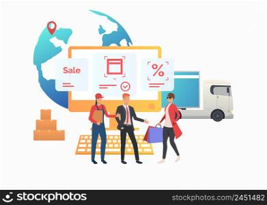 Courier and sales agent meeting consumer in internet store. Buying, purchasing, ordering, delivery. Online shop concept. Vector illustration can be used for topics like sale, service, consulting