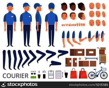 Courier box character animation. Body parts head arms cap hands of warehouse worker faces vector creation kit. Illustration of delivery animation worker man. Courier box character animation. Body parts head arms cap hands of warehouse worker faces vector creation kit