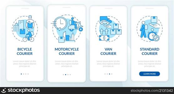 Courier business blue and white onboarding mobile app screen. Mail service walkthrough 4 steps graphic instructions pages with concepts. UI, UX, GUI template. Myriad Pro-Bold, Regular fonts used. Courier business blue and white onboarding mobile app screen