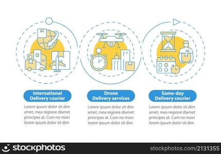 Courier business blue circle infographic template. Shipping service. Data visualization with 3 steps. Process timeline info chart. Workflow layout with line icons. Myriad Pro-Bold, Regular fonts used. Courier business blue circle infographic template