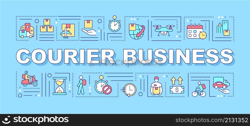 Courier business linear icons on turquoise background. Delivery service. Infographics with linear icons on background. Isolated typography. Vector color illustration with text. Arial-Black font used. Courier business linear icons on turquoise background