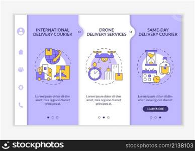 Courier business onboarding template. Logistics and shipping service. Responsive mobile website with linear concept icons. Web page walkthrough 3 step screens. Lato-Bold, Regular fonts used. Courier business onboarding template